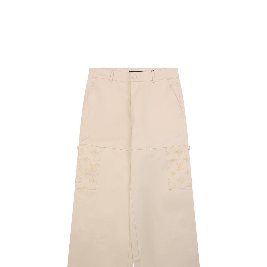 Louis Vuitton Monogram flocked patchwork trousers woven twill pants polyester flocking contrast cotton lining engraved stud designer pants sizes 46-52