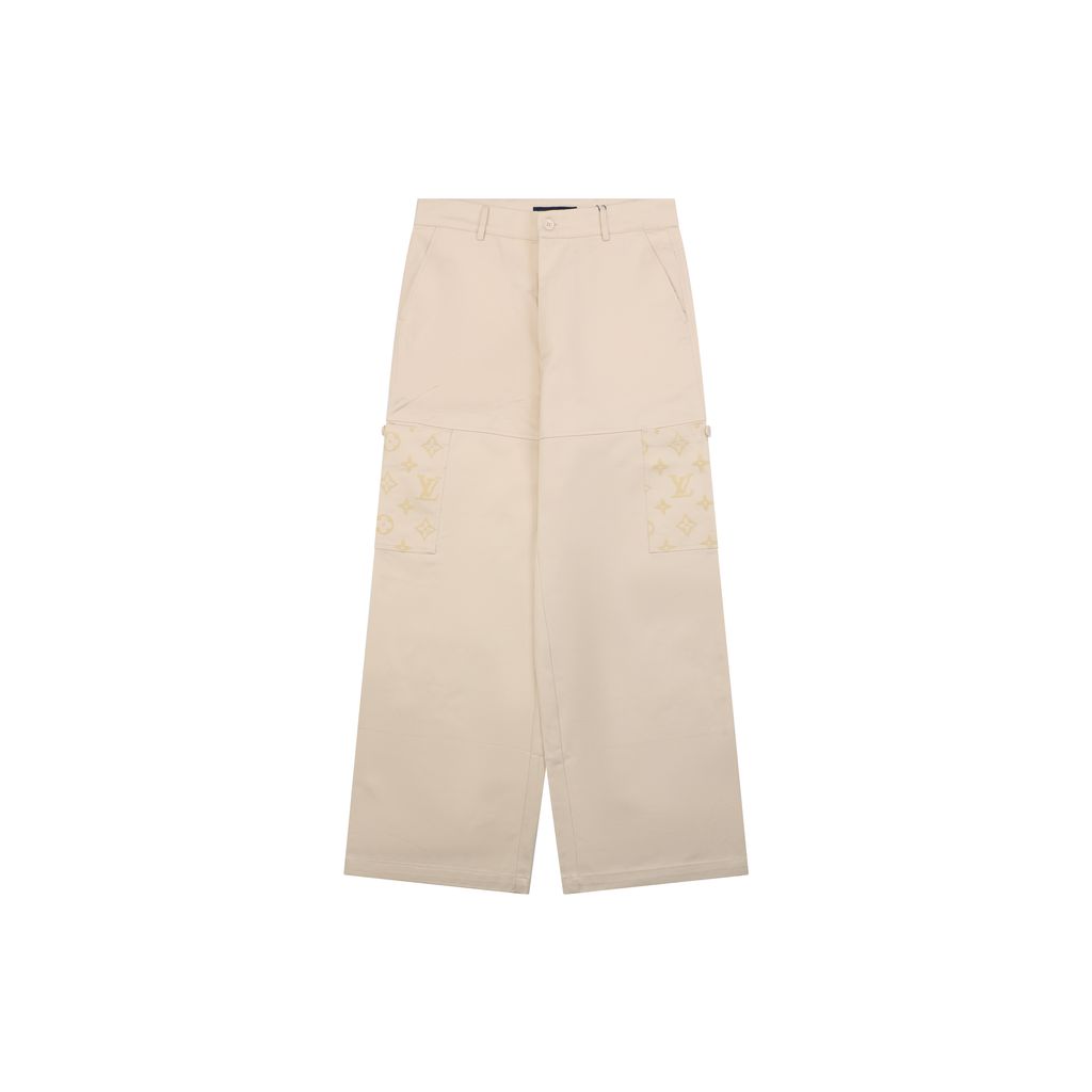 Louis Vuitton Monogram flocked patchwork trousers woven twill pants polyester flocking contrast cotton lining engraved stud designer pants sizes 46-52