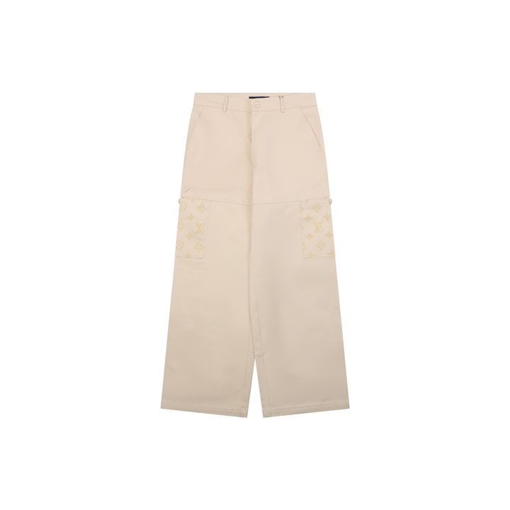 Louis Vuitton Monogram flocked patchwork trousers woven twill pants polyester flocking contrast cotton lining engraved stud designer pants sizes 46-52