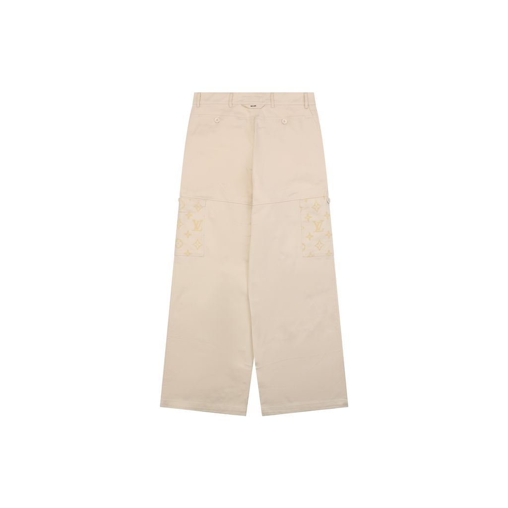 Louis Vuitton Monogram flocked patchwork trousers woven twill pants polyester flocking contrast cotton lining engraved stud designer pants sizes 46-52