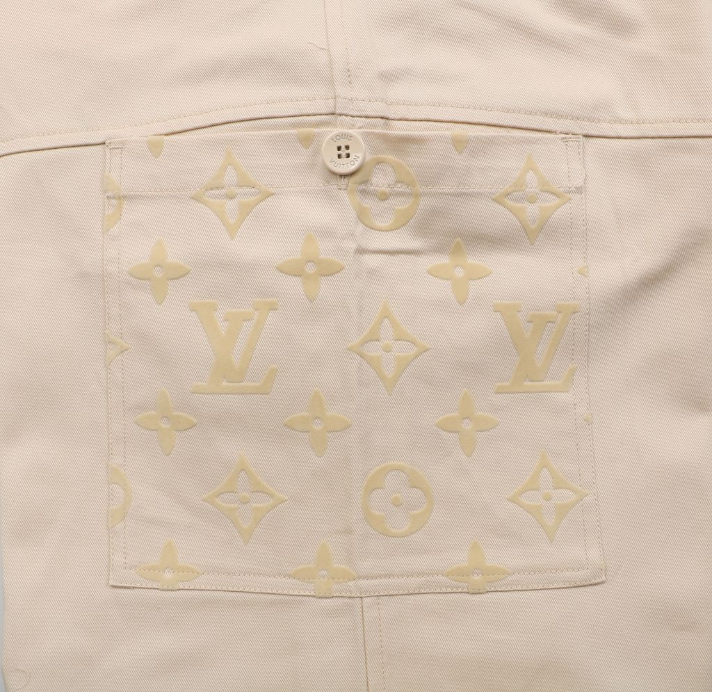 Louis Vuitton Monogram flocked patchwork trousers woven twill pants polyester flocking contrast cotton lining engraved stud designer pants sizes 46-52