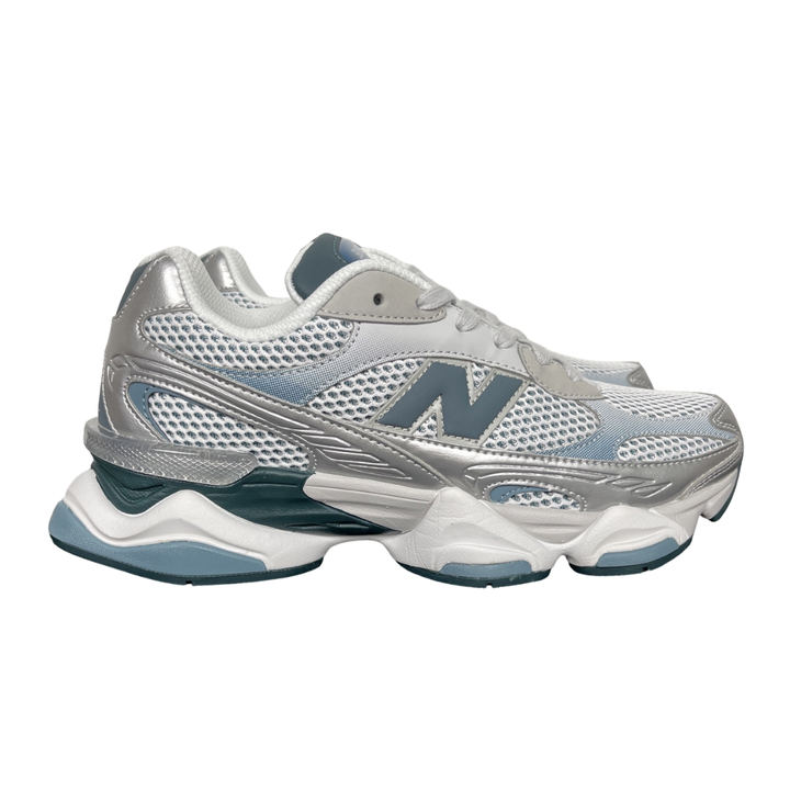Shop New Balance 9060 U90606BA in Medusa Green, Silver Metallic and White with mesh upper, ABZORB and SBS cushioning, sculpted Y2K-inspired sole.