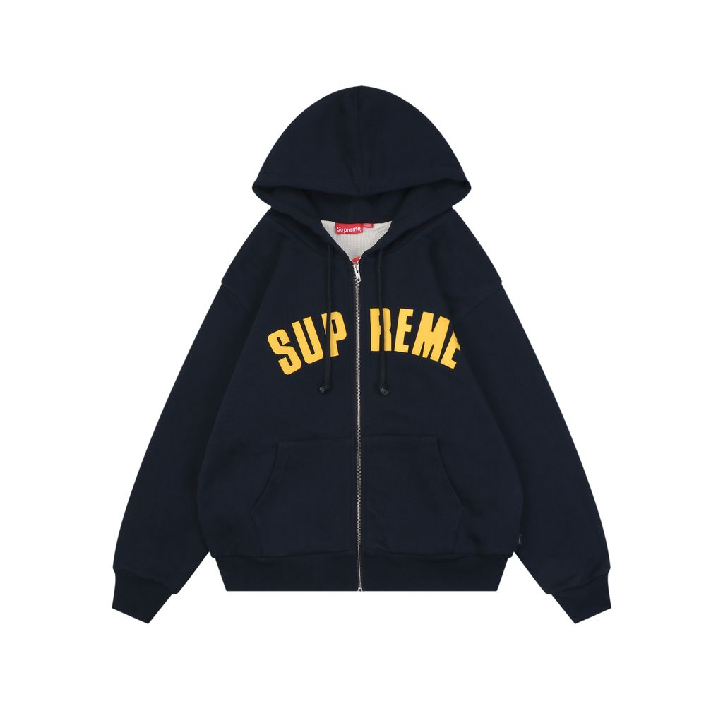 Supreme 24FW applique embroidered letter hooded jacket navy yellow heavyweight waffle knit thermal unisex streetwear S-XL