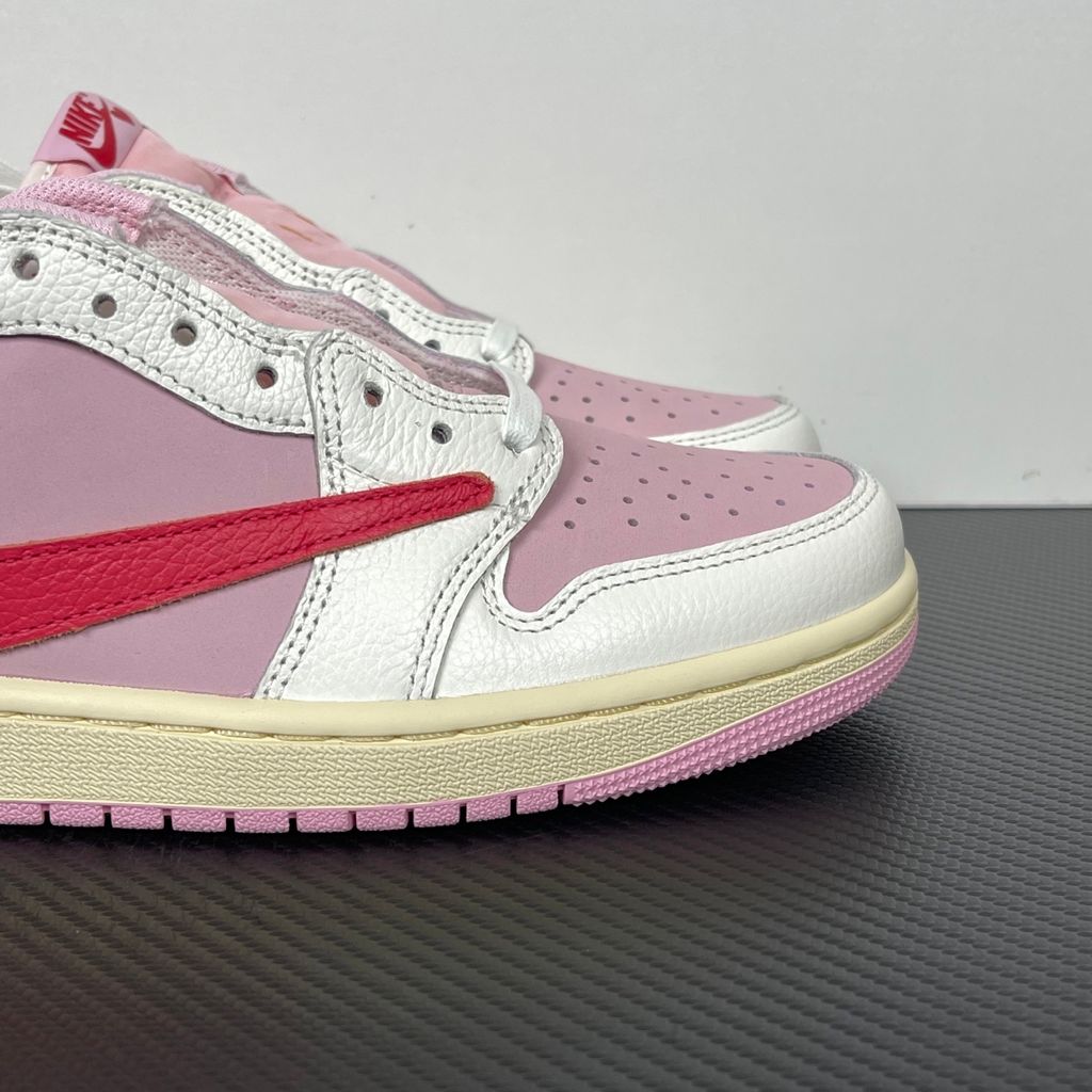 Shop Travis Scott x Air Jordan 1 Low OG SP IQ7604-101 Tropical Pink with premium leather, pink nubuck underlays, reverse Swoosh and co-branded details.