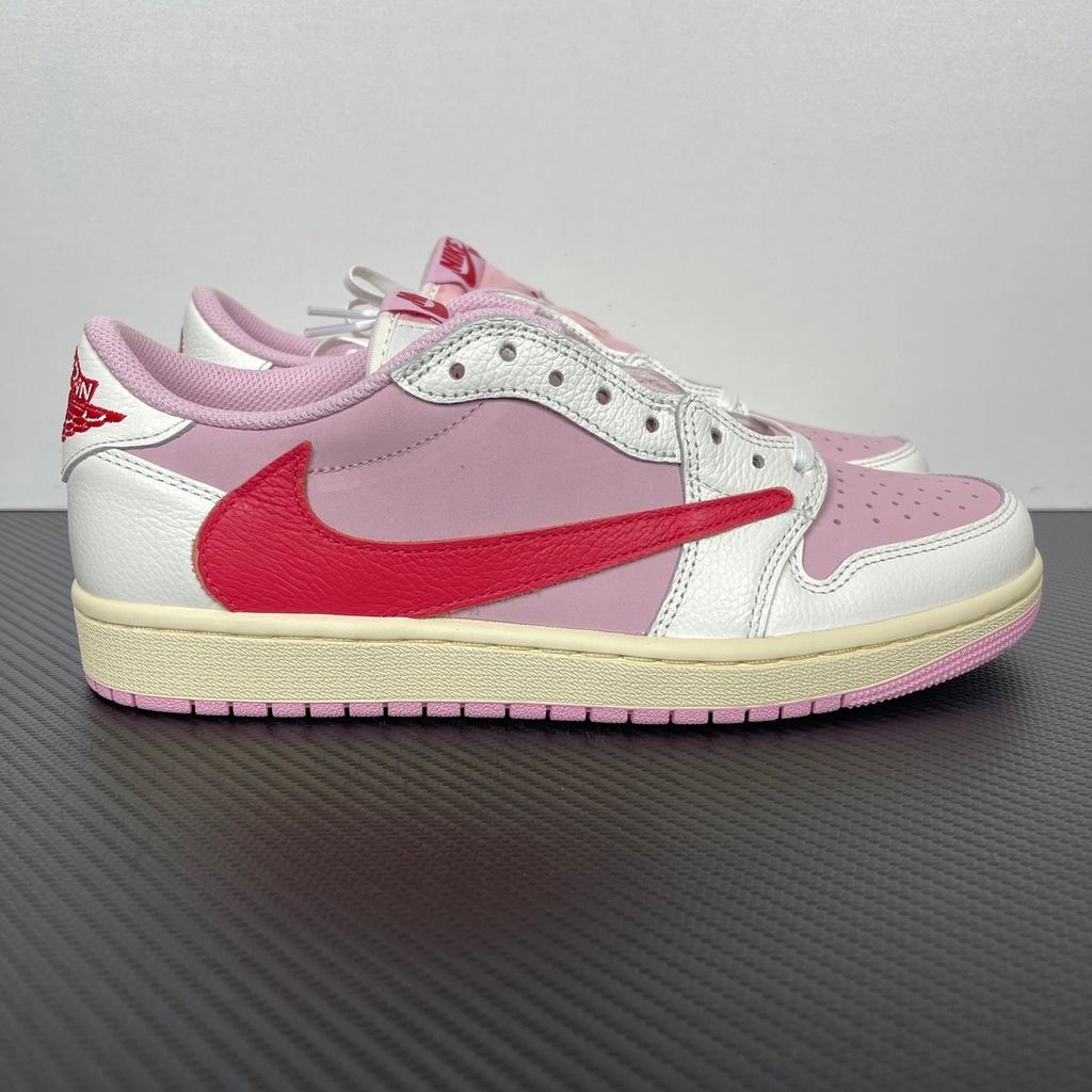 Shop Travis Scott x Air Jordan 1 Low OG SP IQ7604-101 Tropical Pink with premium leather, pink nubuck underlays, reverse Swoosh and co-branded details.