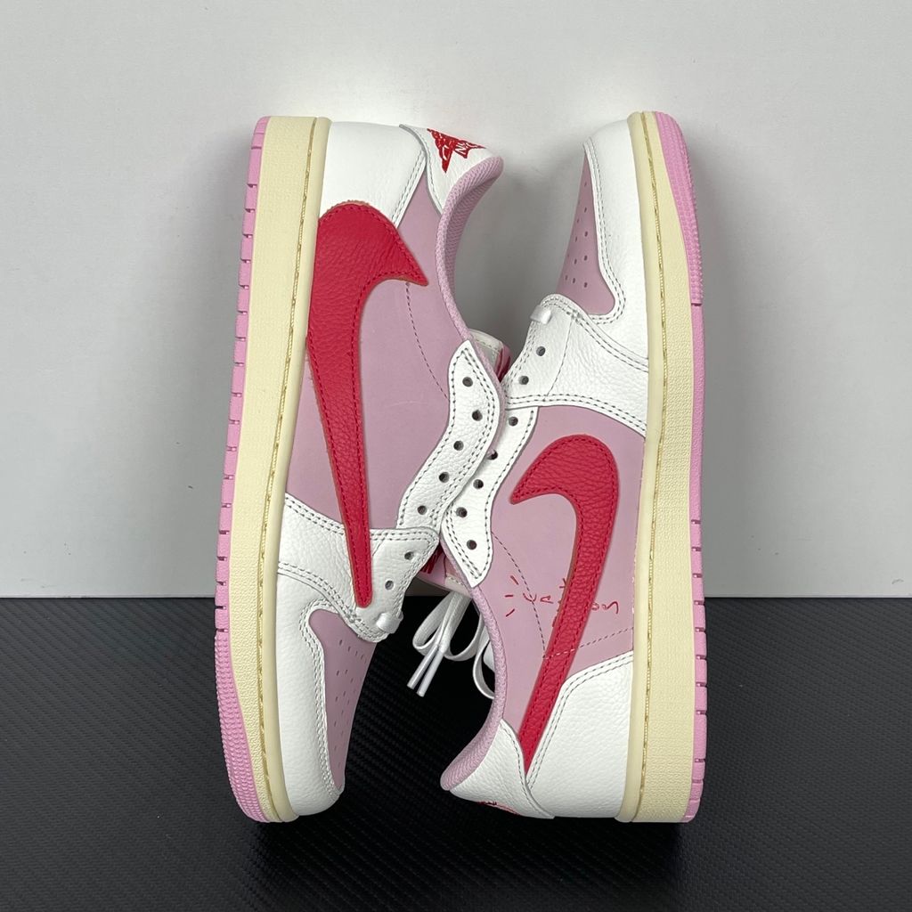 Shop Travis Scott x Air Jordan 1 Low OG SP IQ7604-101 Tropical Pink with premium leather, pink nubuck underlays, reverse Swoosh and co-branded details.