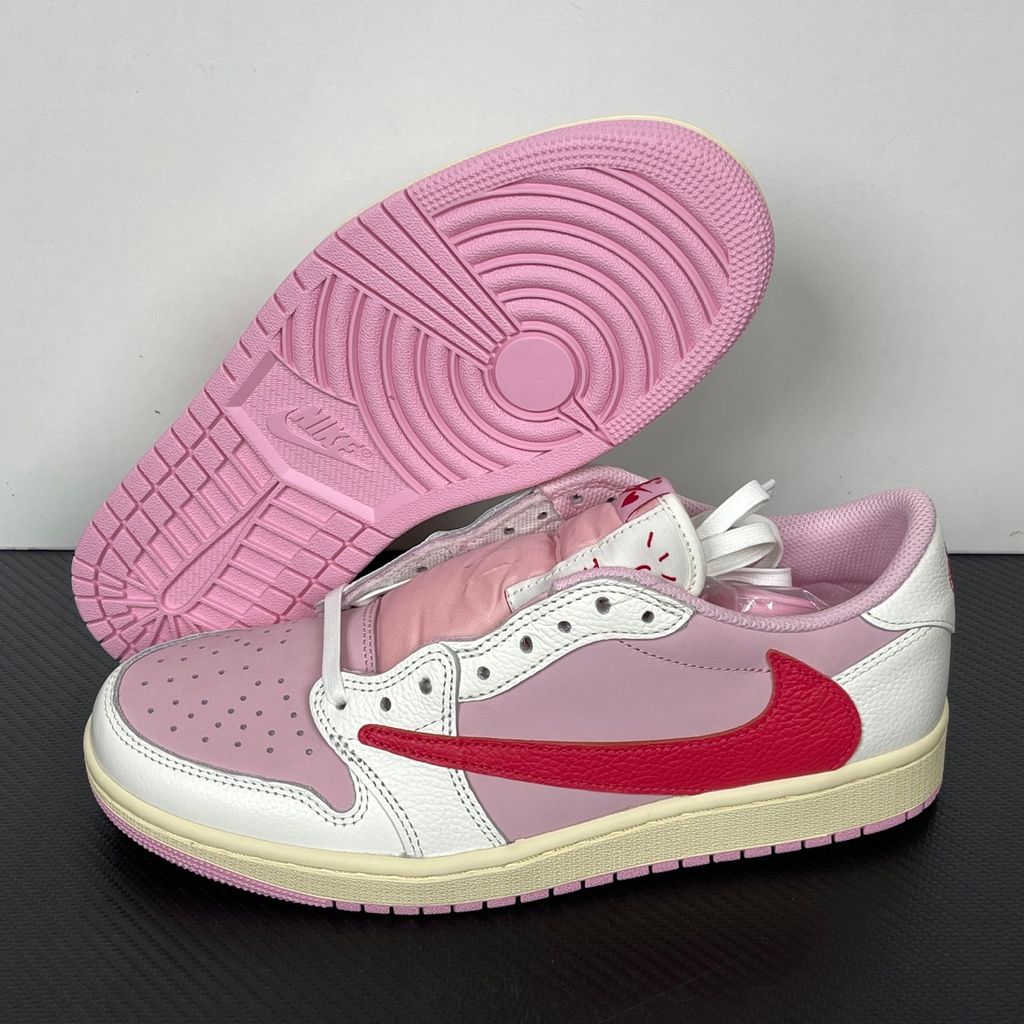 Shop Travis Scott x Air Jordan 1 Low OG SP IQ7604-101 Tropical Pink with premium leather, pink nubuck underlays, reverse Swoosh and co-branded details.