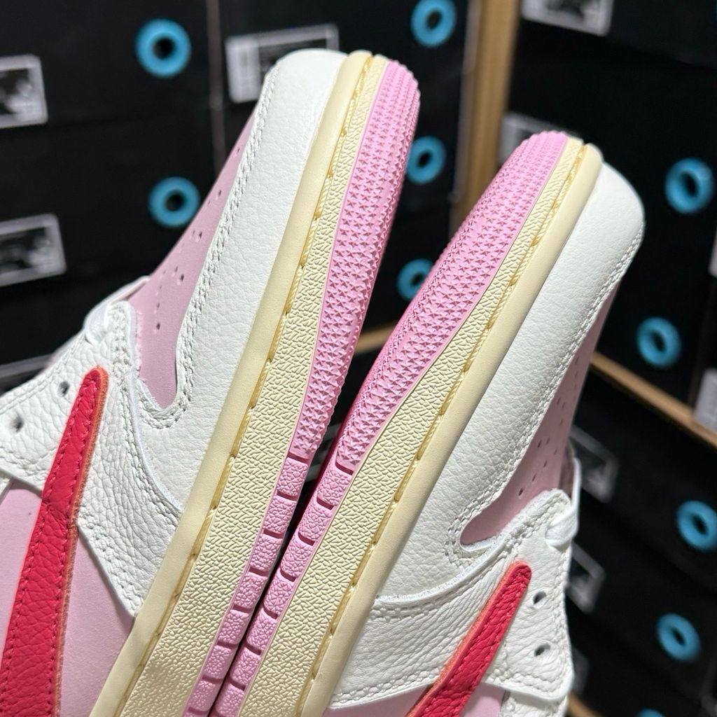 Shop Travis Scott x Air Jordan 1 Low OG SP IQ7604-101 Tropical Pink with premium leather, pink nubuck underlays, reverse Swoosh and co-branded details.