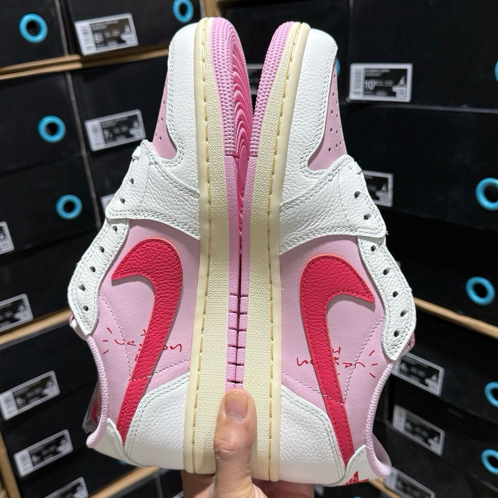 Shop Travis Scott x Air Jordan 1 Low OG SP IQ7604-101 Tropical Pink with premium leather, pink nubuck underlays, reverse Swoosh and co-branded details.