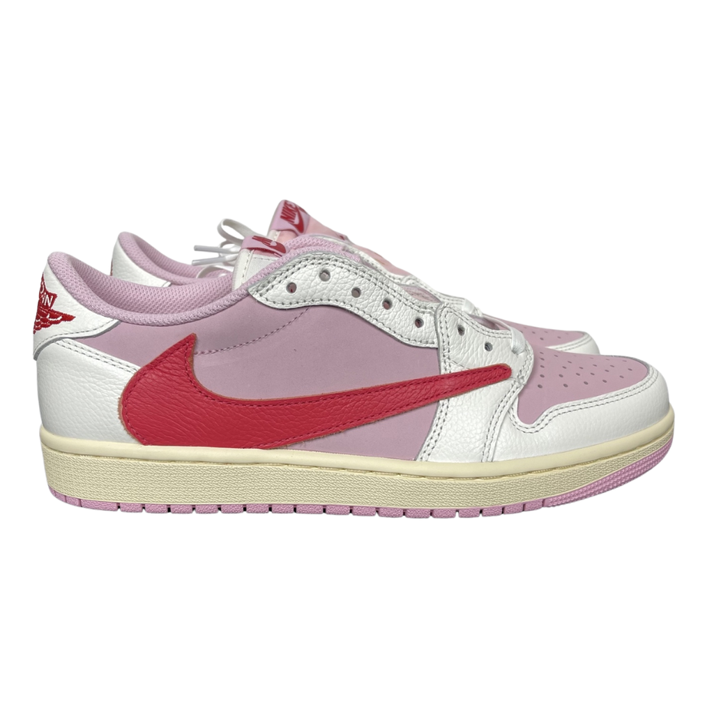 Shop Travis Scott x Air Jordan 1 Low OG SP IQ7604-101 Tropical Pink with premium leather, pink nubuck underlays, reverse Swoosh and co-branded details.