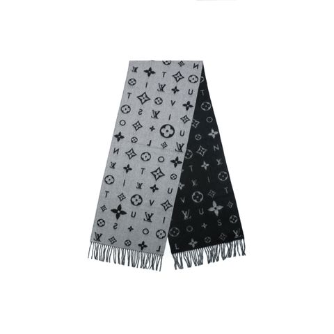 Louis Vuitton allover Monogram fringed scarf 90% wool 10% cashmere luxury winter shawl 215x39cm 9.5cm fringe