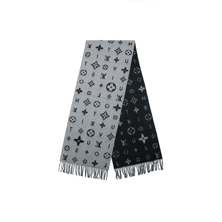 Louis Vuitton allover Monogram fringed scarf 90% wool 10% cashmere luxury winter shawl 215x39cm 9.5cm fringe