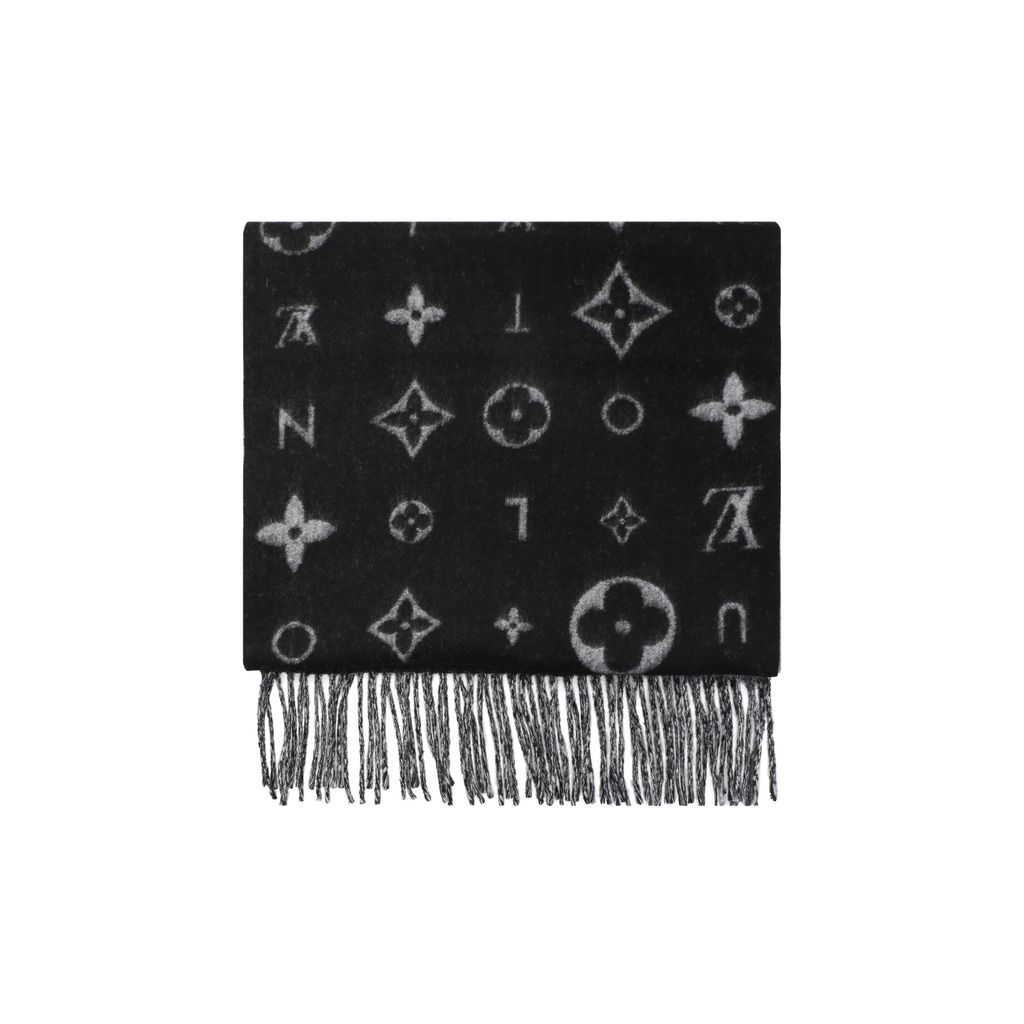 Louis Vuitton allover Monogram fringed scarf 90% wool 10% cashmere luxury winter shawl 215x39cm 9.5cm fringe