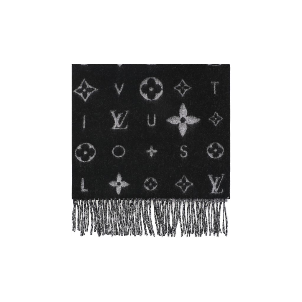 Louis Vuitton allover Monogram fringed scarf 90% wool 10% cashmere luxury winter shawl 215x39cm 9.5cm fringe