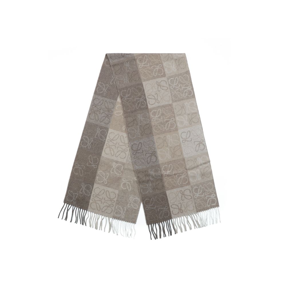 LOEWE color block Anagram fringed scarf milk tea 90% wool 10% cashmere reversible dual tone jacquard shawl 184x40cm