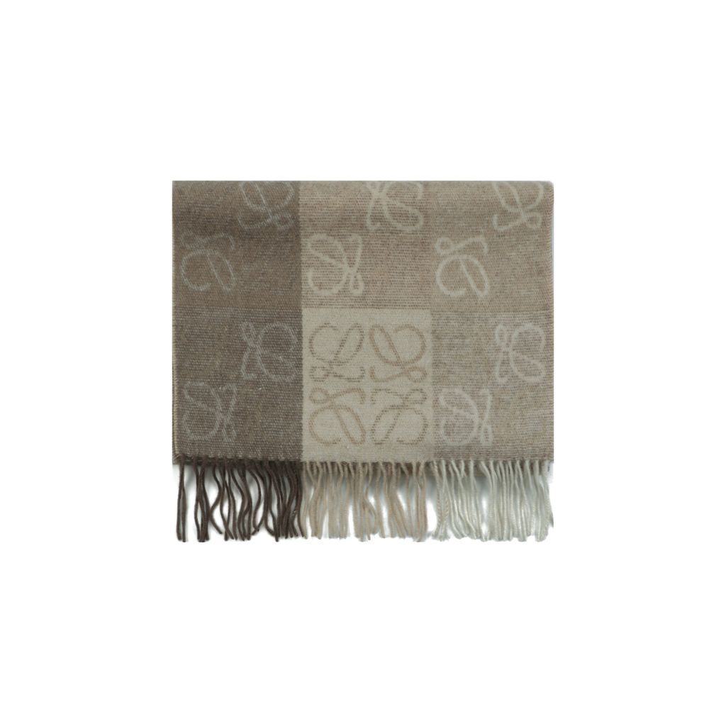 LOEWE color block Anagram fringed scarf milk tea 90% wool 10% cashmere reversible dual tone jacquard shawl 184x40cm