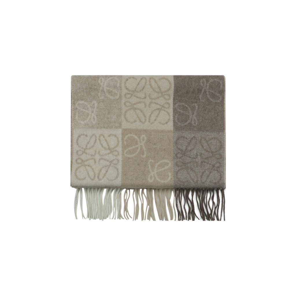 LOEWE color block Anagram fringed scarf milk tea 90% wool 10% cashmere reversible dual tone jacquard shawl 184x40cm