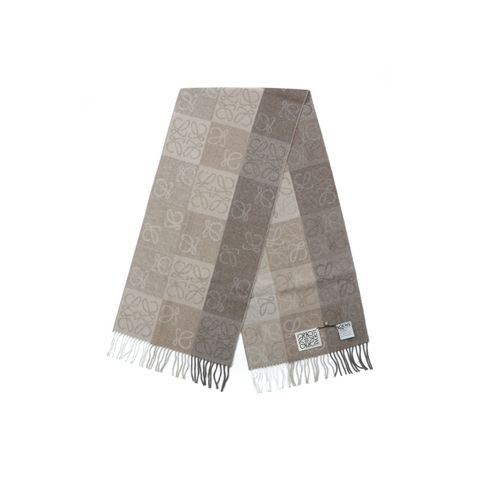 LOEWE color block Anagram fringed scarf milk tea 90% wool 10% cashmere reversible dual tone jacquard shawl 184x40cm