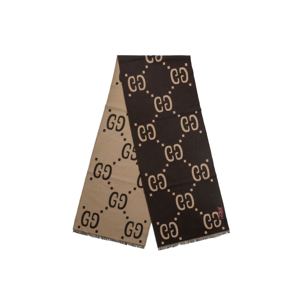 Gucci Large Double G jacquard fringed scarf khaki brown 91% wool 9% silk reversible earth tone unisex scarf 181.5x34.5cm