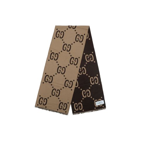 Gucci Large Double G jacquard fringed scarf khaki brown 91% wool 9% silk reversible earth tone unisex scarf 181.5x34.5cm