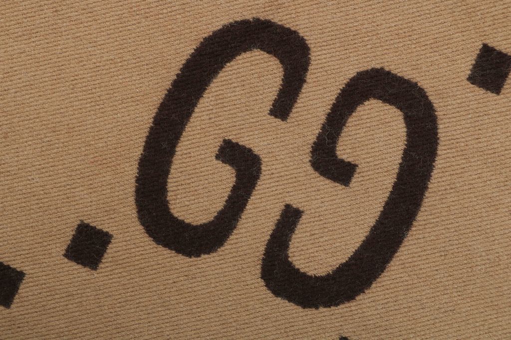 Gucci Large Double G jacquard fringed scarf khaki brown 91% wool 9% silk reversible earth tone unisex scarf 181.5x34.5cm