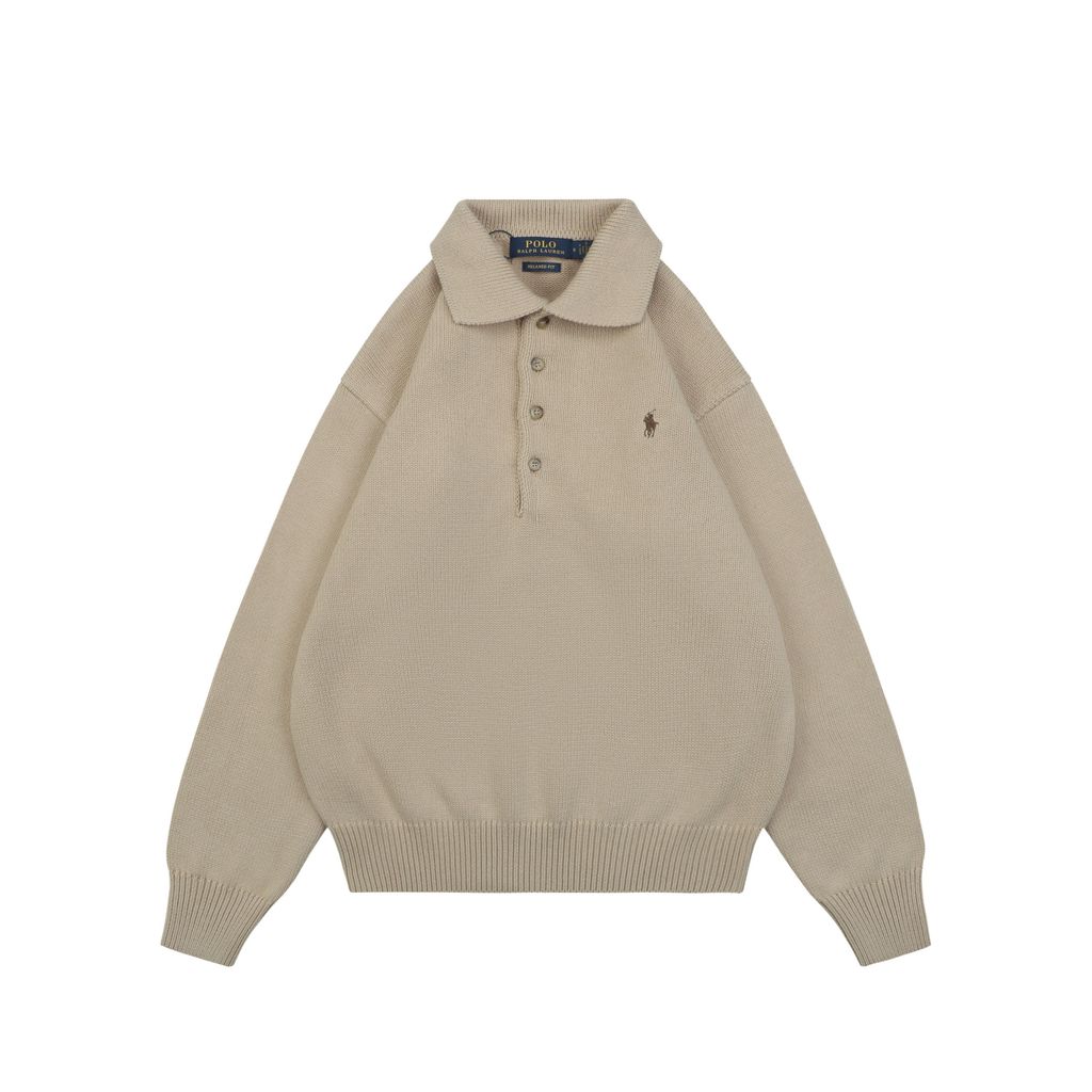 Ralph Lauren Pony logo four button Polo sweater khaki heavyweight cotton knit embroidered pony classic collar knitwear S-XL