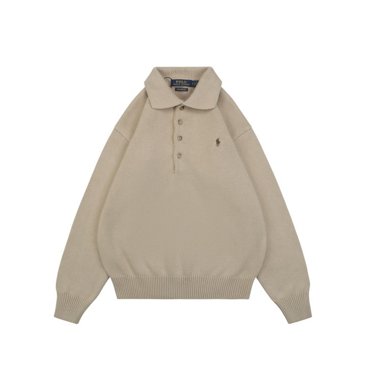 Ralph Lauren Pony logo four button Polo sweater khaki heavyweight cotton knit embroidered pony classic collar knitwear S-XL