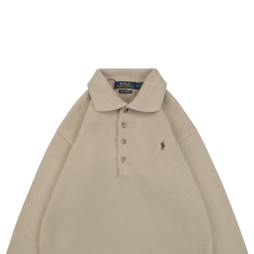 Ralph Lauren Pony logo four button Polo sweater khaki heavyweight cotton knit embroidered pony classic collar knitwear S-XL