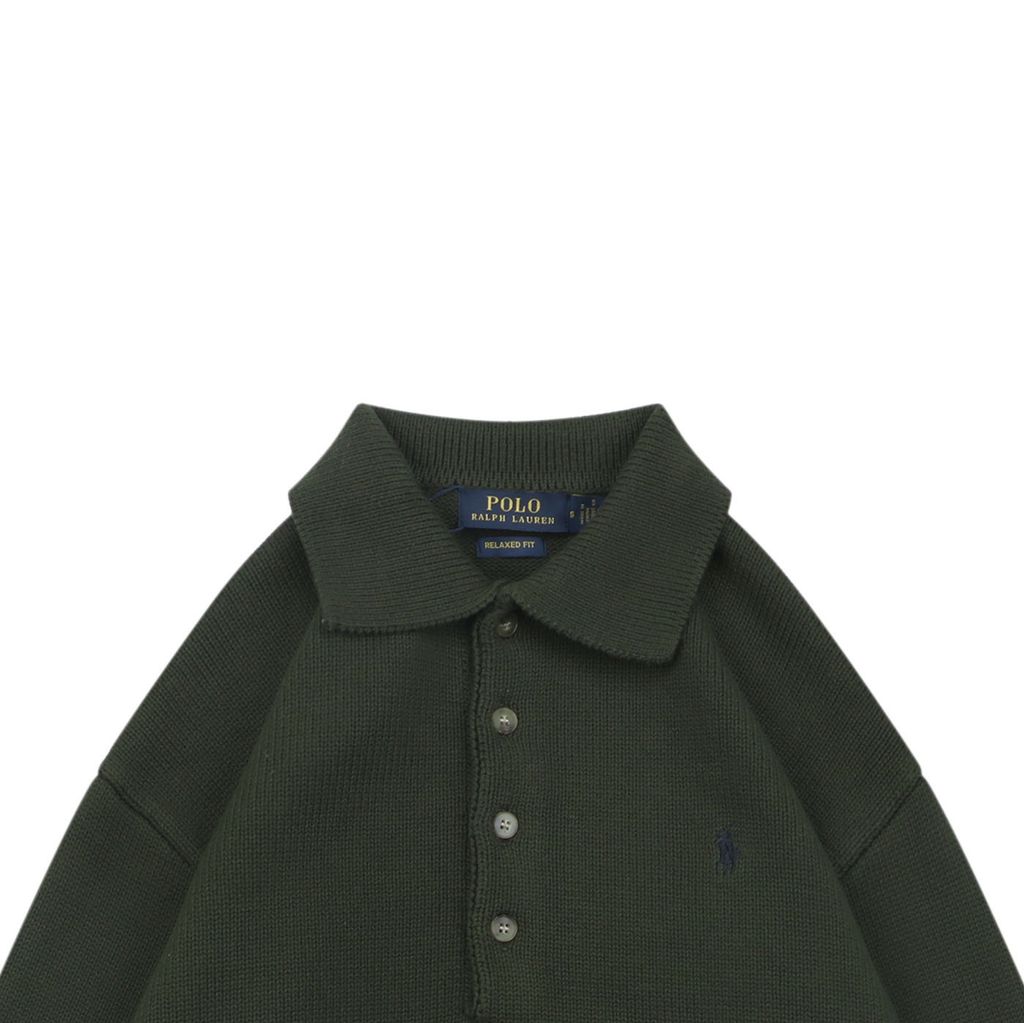 Ralph Lauren Pony logo four button Polo sweater green heavyweight cotton knit embroidered pony classic collar knitwear S-XL