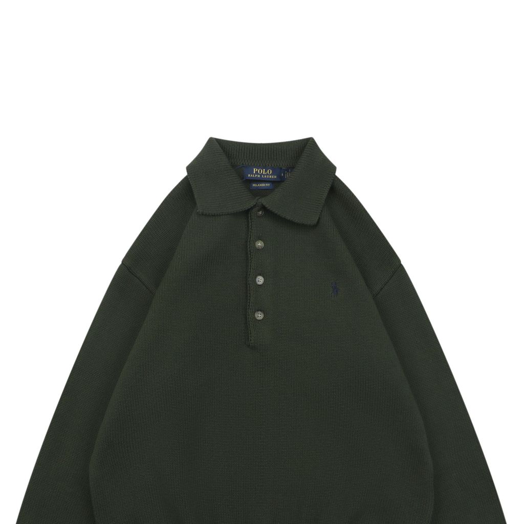 Ralph Lauren Pony logo four button Polo sweater green heavyweight cotton knit embroidered pony classic collar knitwear S-XL