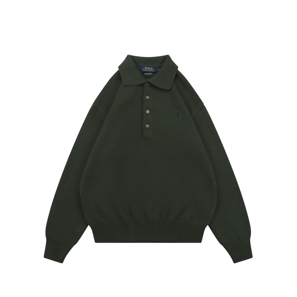 Ralph Lauren Pony logo four button Polo sweater green heavyweight cotton knit embroidered pony classic collar knitwear S-XL