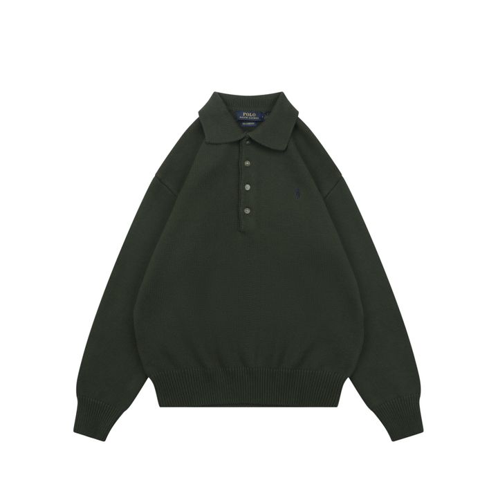 Ralph Lauren Pony logo four button Polo sweater green heavyweight cotton knit embroidered pony classic collar knitwear S-XL