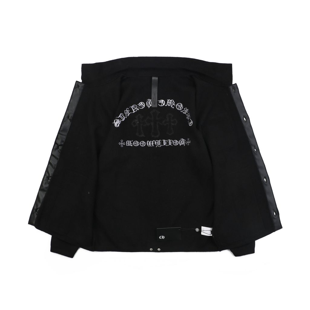 Chrome Hearts cross Sanskrit embroidered cardigan jacket high merino wool blend genuine sheepskin leather trim aged buttons luxury knitwear S-XL