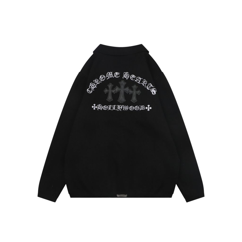 Chrome Hearts cross Sanskrit embroidered cardigan jacket high merino wool blend genuine sheepskin leather trim aged buttons luxury knitwear S-XL