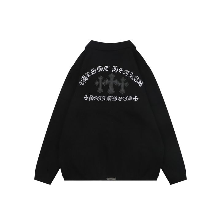 Chrome Hearts cross Sanskrit embroidered cardigan jacket high merino wool blend genuine sheepskin leather trim aged buttons luxury knitwear S-XL