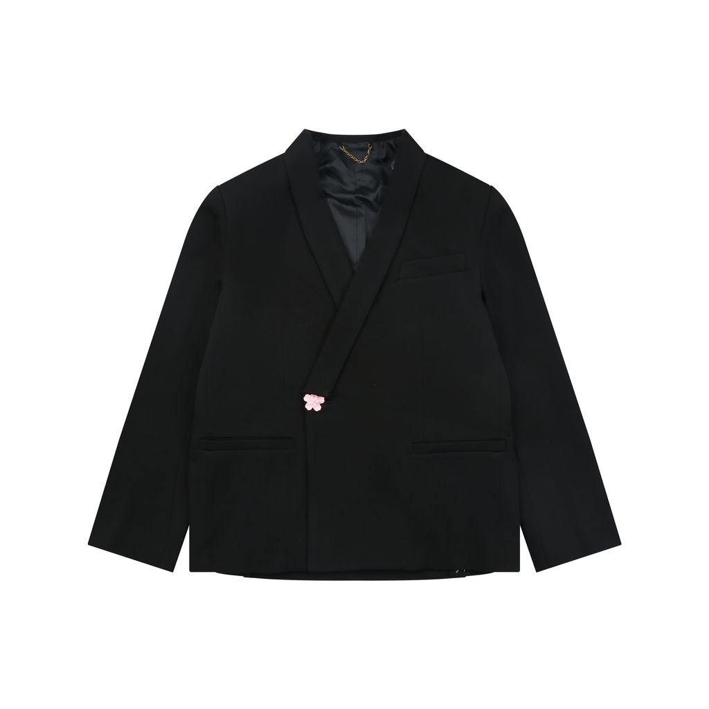 Louis Vuitton Sakura button tailored blazer fine worsted wool nylon blend structured shoulders sculpted lapel custom hardware embroidered neck detail sizes 46-52