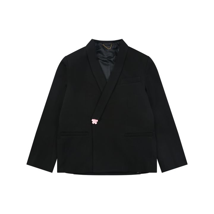Louis Vuitton Sakura button tailored blazer fine worsted wool nylon blend structured shoulders sculpted lapel custom hardware embroidered neck detail sizes 46-52
