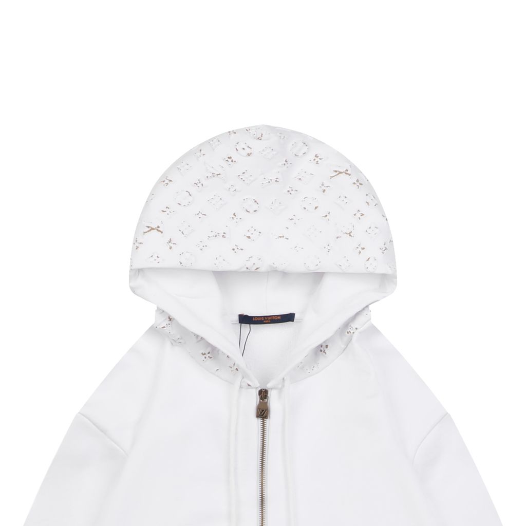 Louis Vuitton metallic splatter Monogram embossed zip hoodie 380g loopback cotton 3D embossed hood pocket hand painted gold metallic detail S-XL