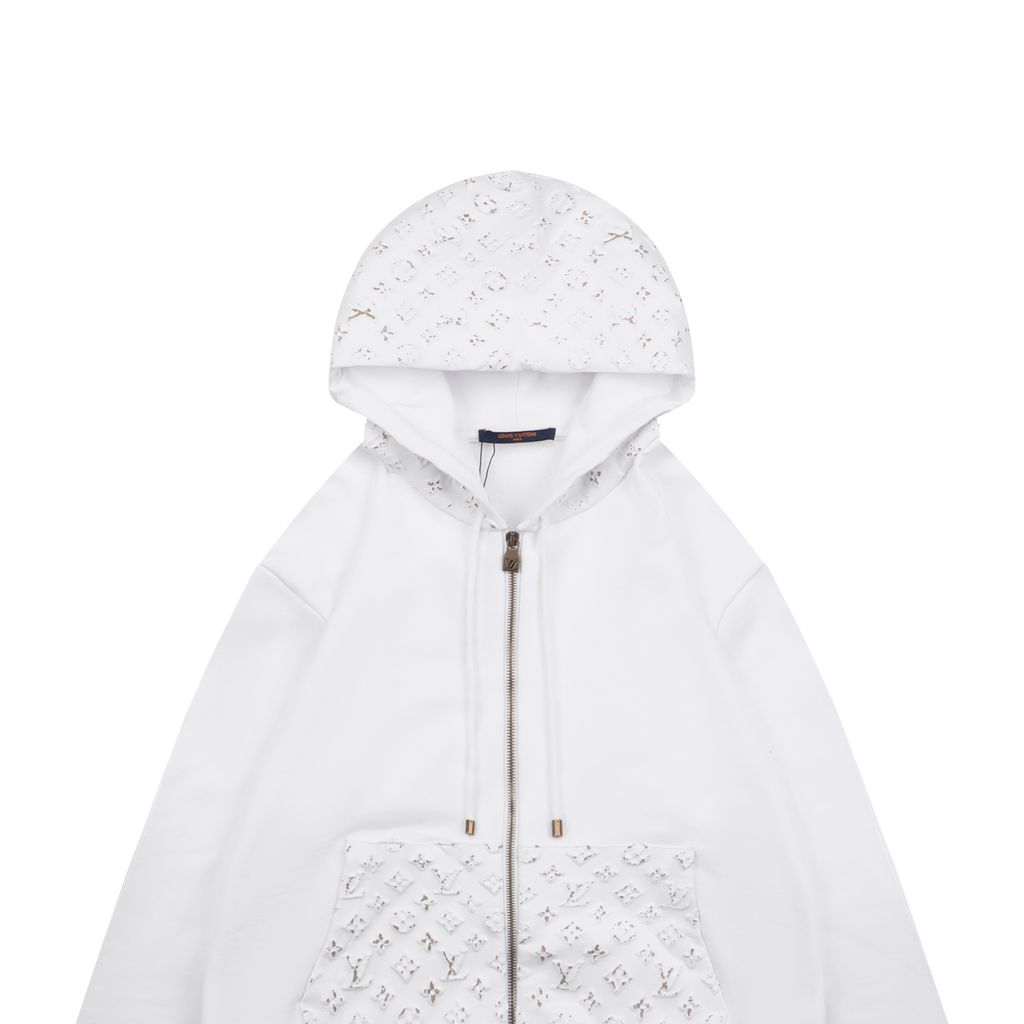 Louis Vuitton metallic splatter Monogram embossed zip hoodie 380g loopback cotton 3D embossed hood pocket hand painted gold metallic detail S-XL