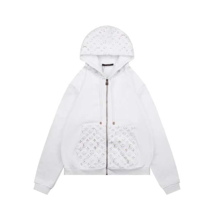 Louis Vuitton metallic splatter Monogram embossed zip hoodie 380g loopback cotton 3D embossed hood pocket hand painted gold metallic detail S-XL