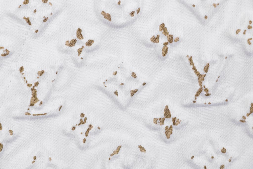 Louis Vuitton metallic splatter Monogram embossed zip hoodie 380g loopback cotton 3D embossed hood pocket hand painted gold metallic detail S-XL