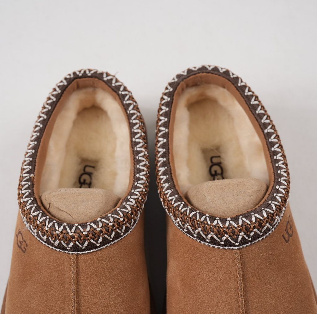 Shop UGG Women's Tasman II 1174470-CHE in Chestnut with suede upper, signature UGGbraid, 17mm sheepskin lining and Sugarcane EVA outsole.