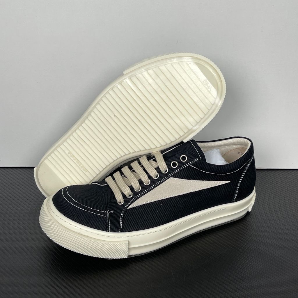 Rick Owens DRKSHDW Vintage Sneaks DU01F4803-DOLVH4-911 Black Milk Milk Men's Low-Top Sneakers with 13oz Overdyed Black Denim Upper, Milk Suede Leather Side Appliqué, Contrast Stitching, Eight-Eyelet Lace-Up Design and 3.5cm Shark-Tooth Rubber Sole