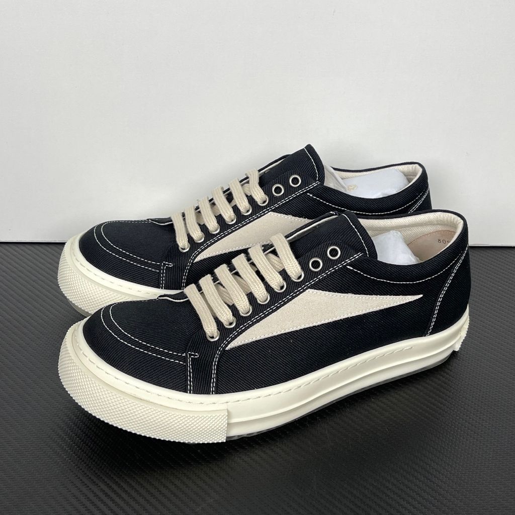 Rick Owens DRKSHDW Vintage Sneaks DU01F4803-DOLVH4-911 Black Milk Milk Men's Low-Top Sneakers with 13oz Overdyed Black Denim Upper, Milk Suede Leather Side Appliqué, Contrast Stitching, Eight-Eyelet Lace-Up Design and 3.5cm Shark-Tooth Rubber Sole