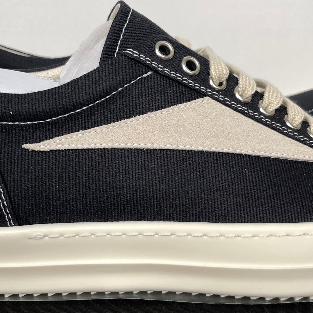 Rick Owens DRKSHDW Vintage Sneaks DU01F4803-DOLVH4-911 Black Milk Milk Men's Low-Top Sneakers with 13oz Overdyed Black Denim Upper, Milk Suede Leather Side Appliqué, Contrast Stitching, Eight-Eyelet Lace-Up Design and 3.5cm Shark-Tooth Rubber Sole