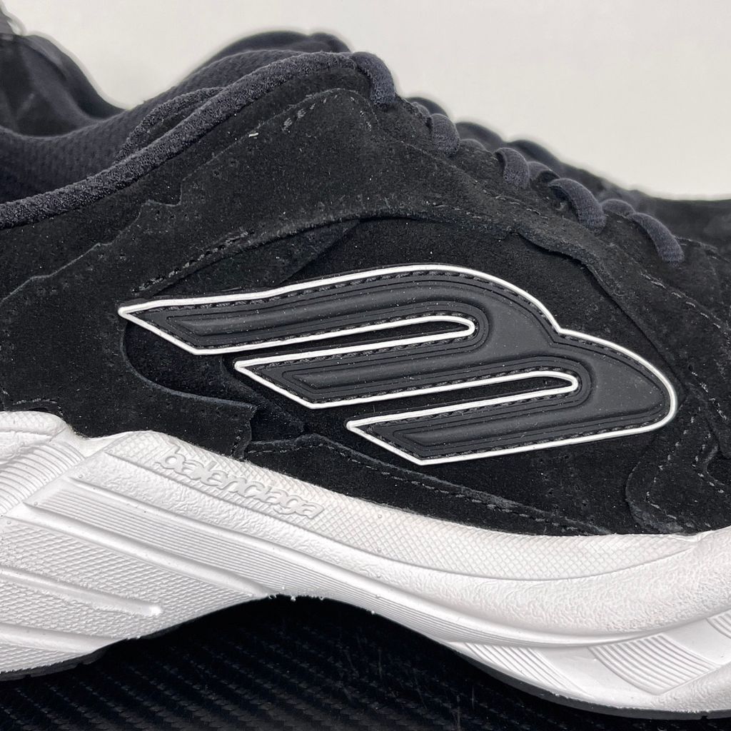 Balenciaga Monday Suede 825418-WMNSS-1000 Black White Men's Low-Top Sneakers with Black Suede and Technical Textile Upper, 3B Sports Logo Side Detail, Lace-Up Closure, Rear Pull Tab and Sculpted White Rubber Sole