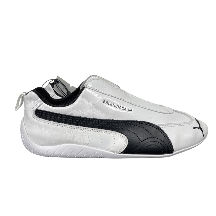 Balenciaga x PUMA Speedcat Leather 847148-WSDSB-9010 White Black Men's Slip-On Sneakers with White Cowskin Leather Upper, Black PUMA Formstrip, Debossed Balenciaga and PUMA Logos, Embroidered PUMA Cat Toe, Reflective Rear Pull Tab and Rubber Outsole