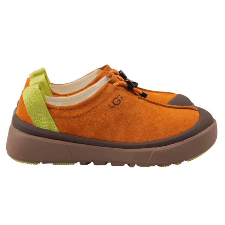 UGG Men's Tasman Outpost 1179050-ATMN Autumn Sepia Orange Waterproof Suede Slip-On Clog with Elastic Toggle Lacing, 17mm UGGplush Wool Blend Lining, Sugarcane EVA Midsole, White Spider Rubber Outsole and Lime Green Heel Pull Tabs