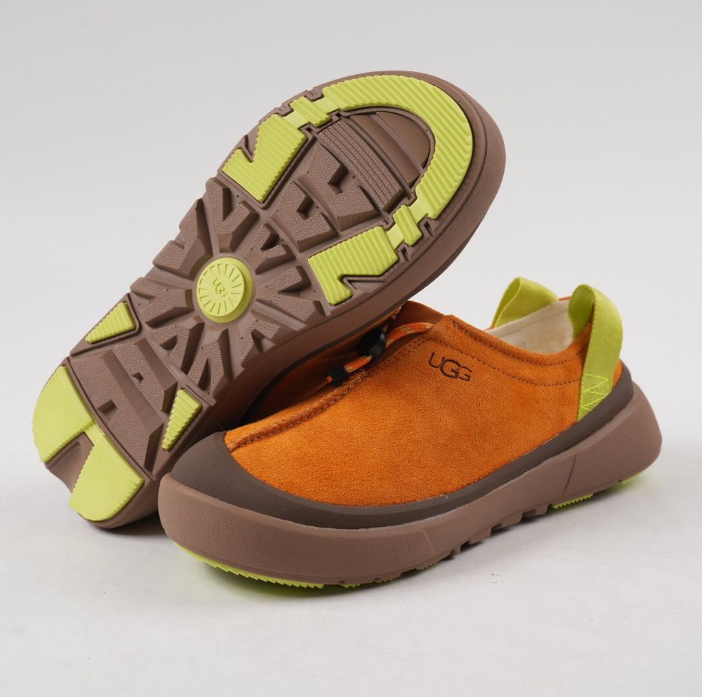 UGG Men's Tasman Outpost 1179050-ATMN Autumn Sepia Orange Waterproof Suede Slip-On Clog with Elastic Toggle Lacing, 17mm UGGplush Wool Blend Lining, Sugarcane EVA Midsole, White Spider Rubber Outsole and Lime Green Heel Pull Tabs