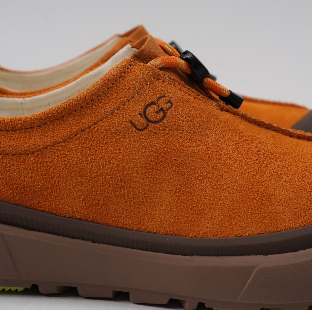UGG Men's Tasman Outpost 1179050-ATMN Autumn Sepia Orange Waterproof Suede Slip-On Clog with Elastic Toggle Lacing, 17mm UGGplush Wool Blend Lining, Sugarcane EVA Midsole, White Spider Rubber Outsole and Lime Green Heel Pull Tabs